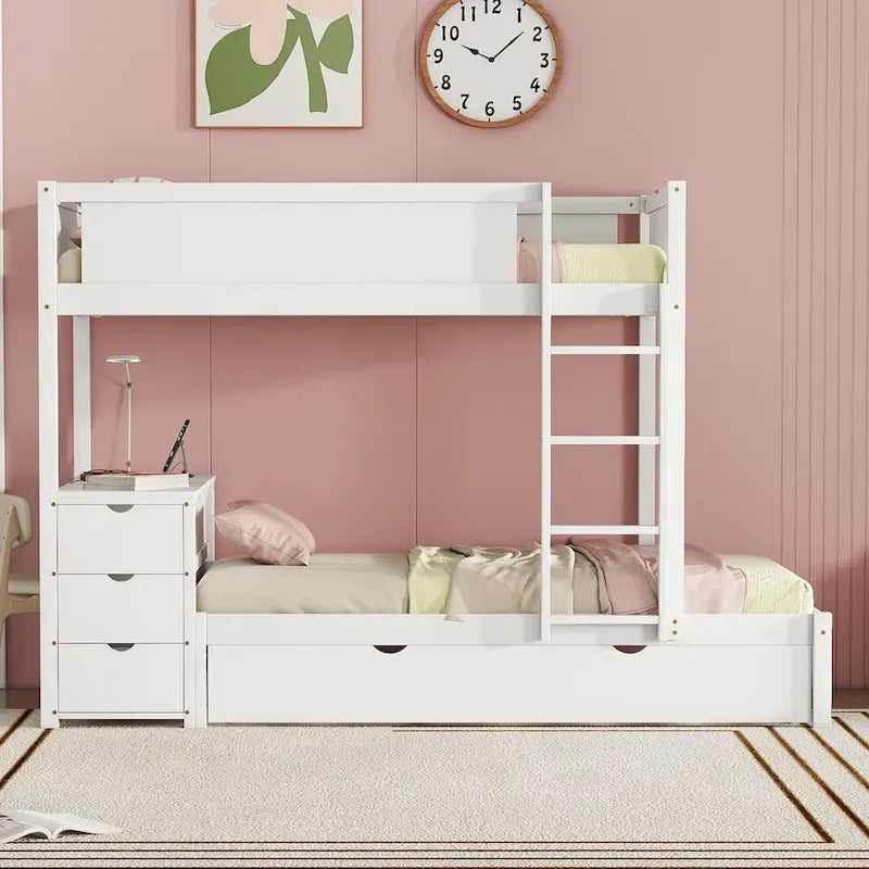 Lit superposé jumeau sur jumeau avec cadre de lit gigogne taille jumeau et rangements, lit de rangement avec bureau, peu encombrant pour enfants, adolescents et adultes