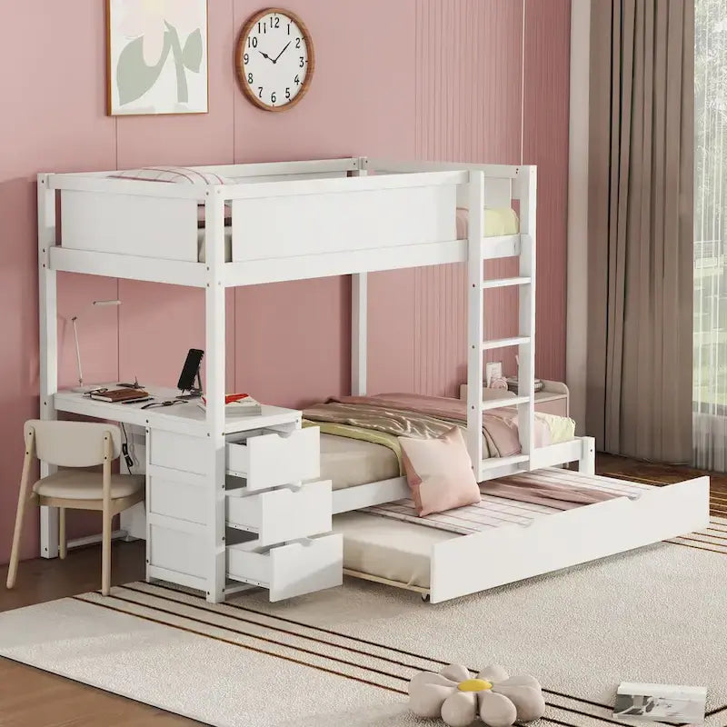 Lit superposé jumeau sur jumeau avec cadre de lit gigogne taille jumeau et rangements, lit de rangement avec bureau, peu encombrant pour enfants, adolescents et adultes