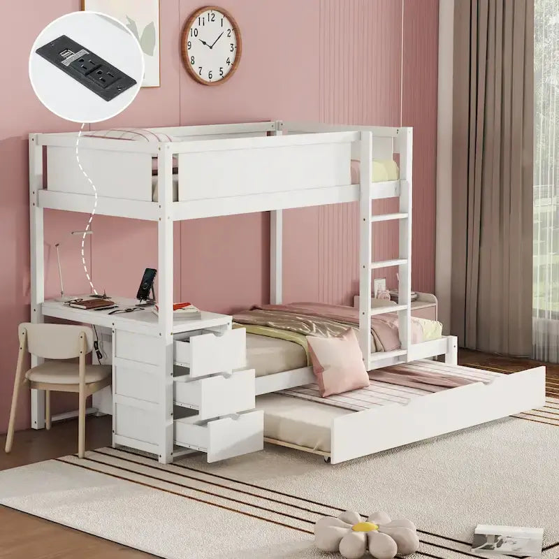 Lit superposé jumeau sur jumeau avec cadre de lit gigogne taille jumeau et rangements, lit de rangement avec bureau, peu encombrant pour enfants, adolescents et adultes