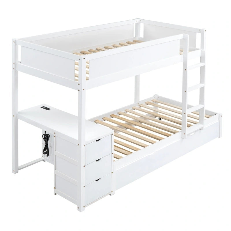 Lit superposé jumeau sur jumeau avec cadre de lit gigogne taille jumeau et rangements, lit de rangement avec bureau, peu encombrant pour enfants, adolescents et adultes