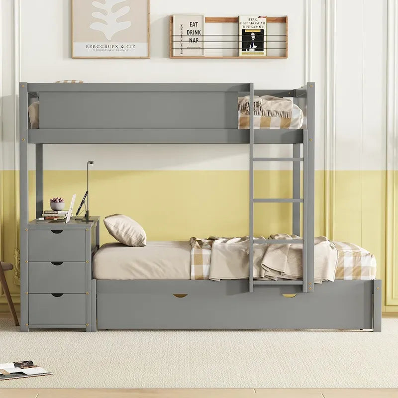 Lit superposé jumeau sur jumeau avec cadre de lit gigogne taille jumeau et rangements, lit de rangement avec bureau, peu encombrant pour enfants, adolescents et adultes