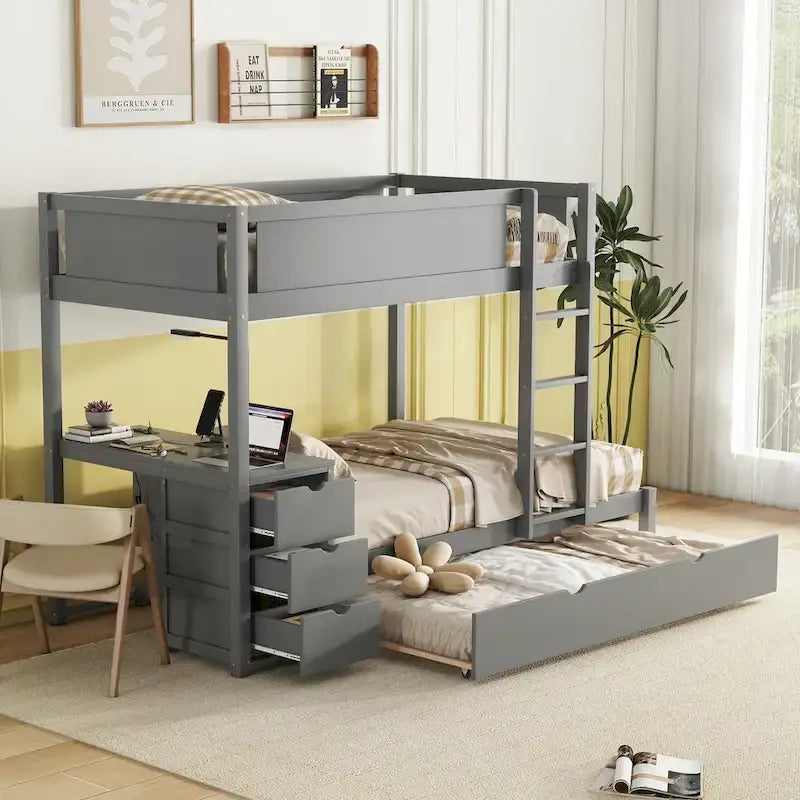 Lit superposé jumeau sur jumeau avec cadre de lit gigogne taille jumeau et rangements, lit de rangement avec bureau, peu encombrant pour enfants, adolescents et adultes