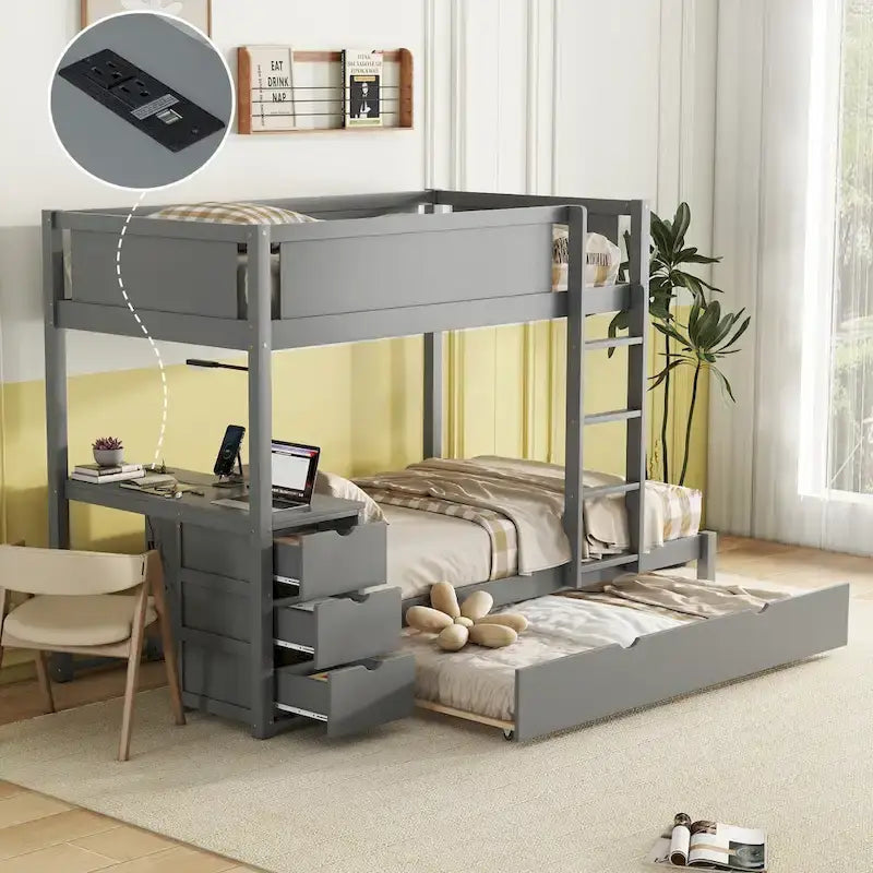Lit superposé jumeau sur jumeau avec cadre de lit gigogne taille jumeau et rangements, lit de rangement avec bureau, peu encombrant pour enfants, adolescents et adultes