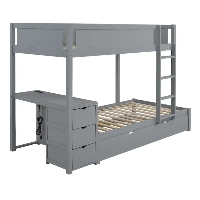 Lit superposé jumeau sur jumeau avec cadre de lit gigogne taille jumeau et rangements, lit de rangement avec bureau, peu encombrant pour enfants, adolescents et adultes