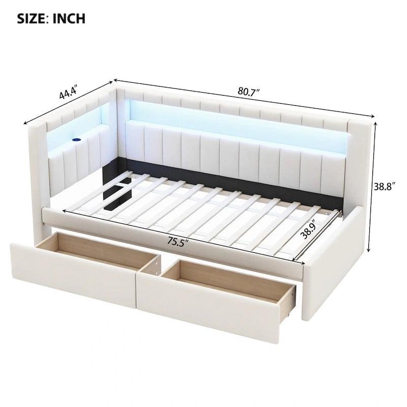 Lit plateforme rembourré avec ports USB et éclairage LED - Cadre de lit double/simple avec 2 tiroirs de rangement - Chambre à coucher moderne