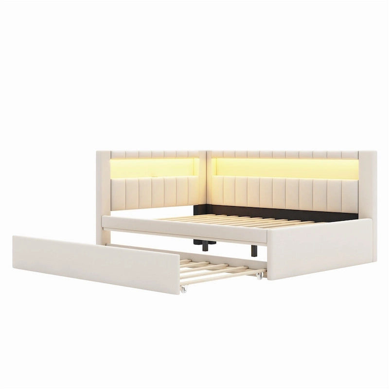 Lit plateforme rembourré avec ports USB et éclairage LED - Cadre de lit double/simple avec 2 tiroirs de rangement - Chambre à coucher moderne