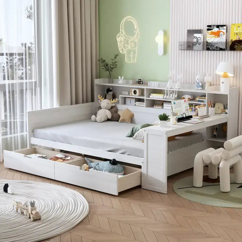 Lit banquette multifonctionnel grand format avec étagères de rangement, deux tiroirs et bureau intégré
