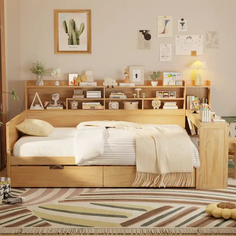 Lit banquette multifonctionnel grand format avec étagères de rangement, deux tiroirs et bureau intégré