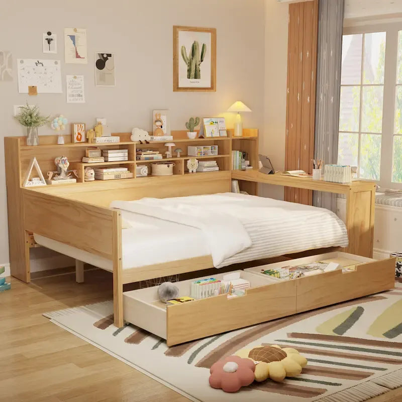Lit banquette multifonctionnel grand format avec étagères de rangement, deux tiroirs et bureau intégré