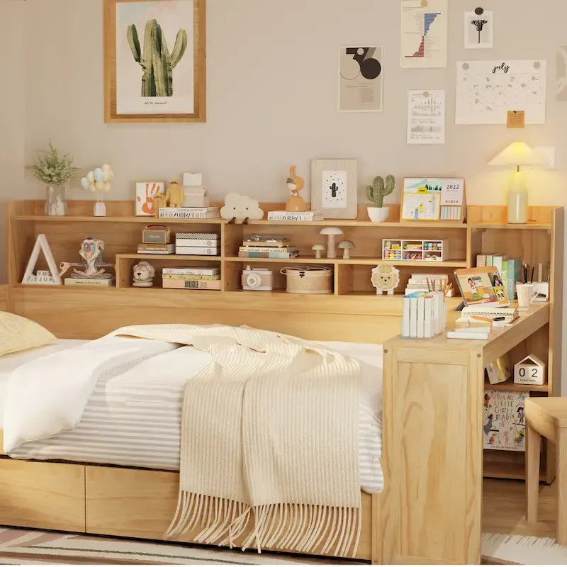 Lit banquette multifonctionnel grand format avec étagères de rangement, deux tiroirs et bureau intégré