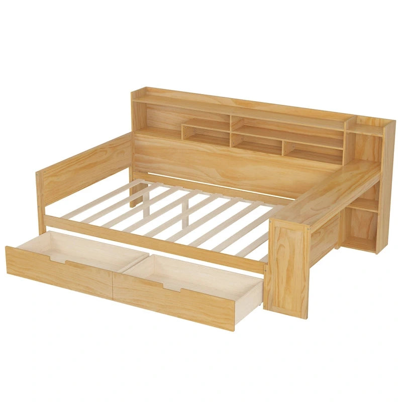 Lit banquette multifonctionnel grand format avec étagères de rangement, deux tiroirs et bureau intégré