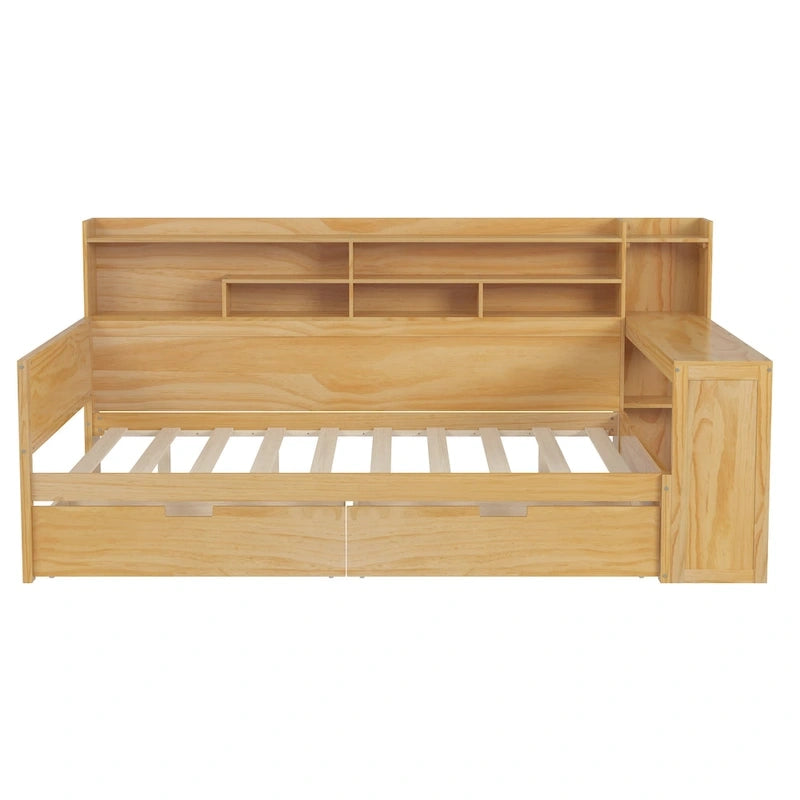 Lit banquette multifonctionnel grand format avec étagères de rangement, deux tiroirs et bureau intégré