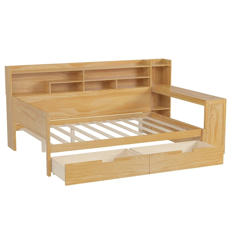 Lit banquette multifonctionnel grand format avec étagères de rangement, deux tiroirs et bureau intégré