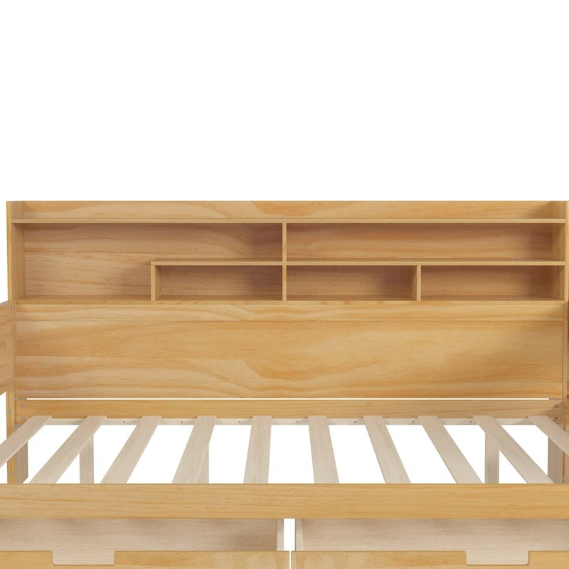 Lit banquette multifonctionnel grand format avec étagères de rangement, deux tiroirs et bureau intégré
