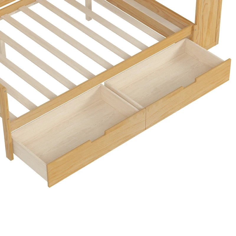 Lit banquette multifonctionnel grand format avec étagères de rangement, deux tiroirs et bureau intégré