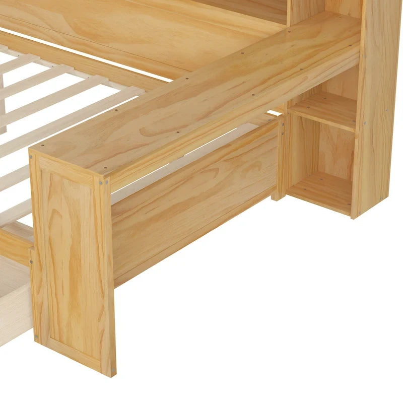 Lit banquette multifonctionnel grand format avec étagères de rangement, deux tiroirs et bureau intégré