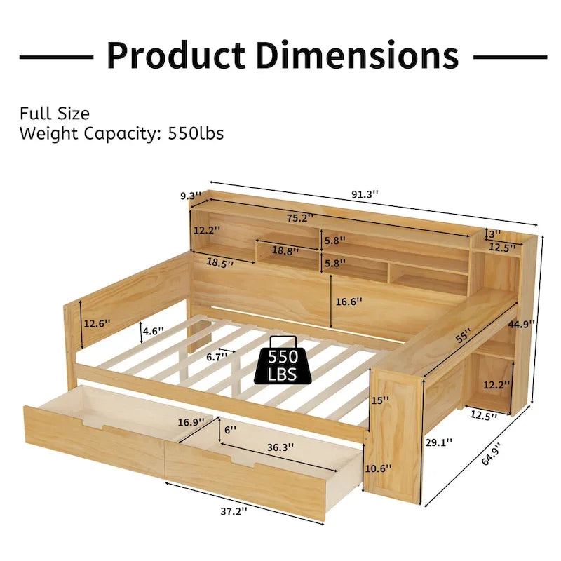 Lit banquette multifonctionnel grand format avec étagères de rangement, deux tiroirs et bureau intégré