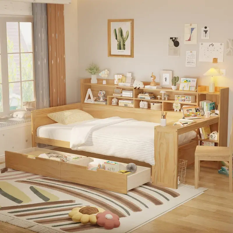 Lit banquette multifonctionnel grand format avec étagères de rangement, deux tiroirs et bureau intégré