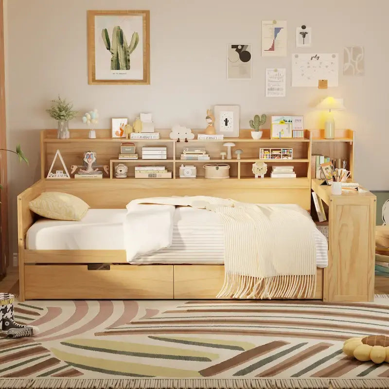 Lit banquette multifonctionnel grand format avec étagères de rangement, deux tiroirs et bureau intégré