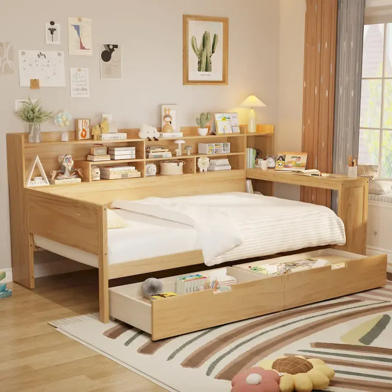 Lit banquette multifonctionnel grand format avec étagères de rangement, deux tiroirs et bureau intégré