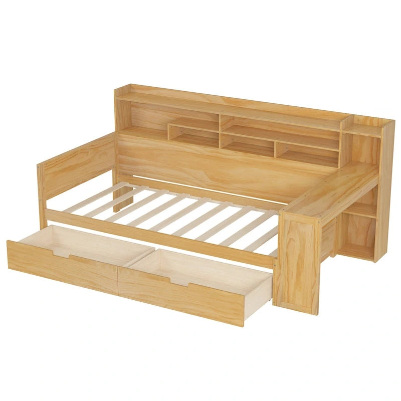 Lit banquette multifonctionnel grand format avec étagères de rangement, deux tiroirs et bureau intégré
