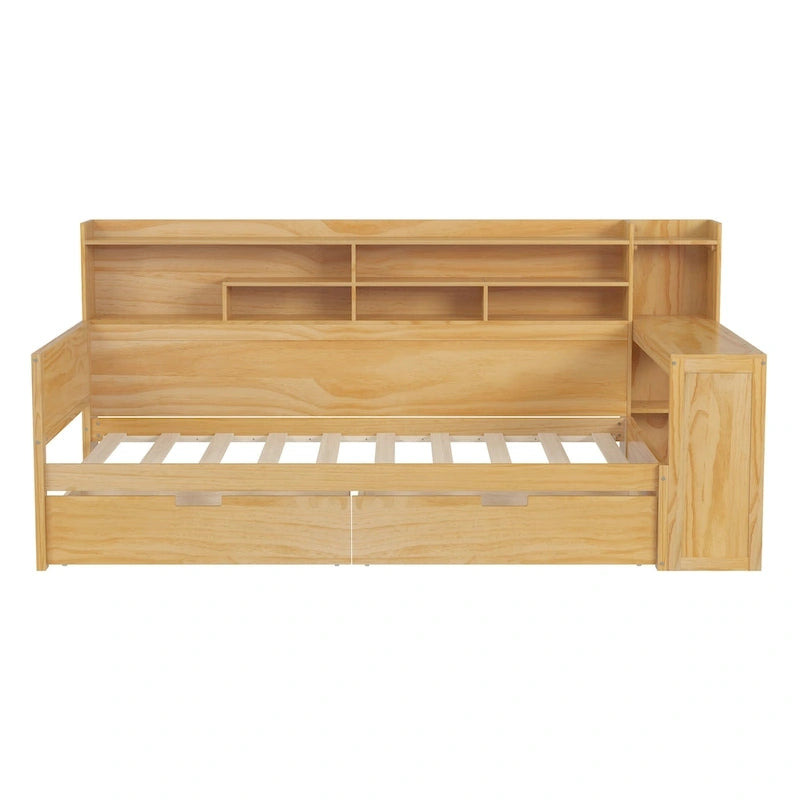 Lit banquette multifonctionnel grand format avec étagères de rangement, deux tiroirs et bureau intégré