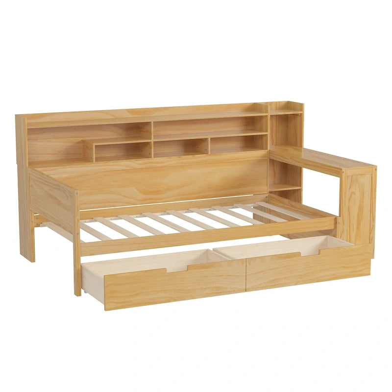Lit banquette multifonctionnel grand format avec étagères de rangement, deux tiroirs et bureau intégré