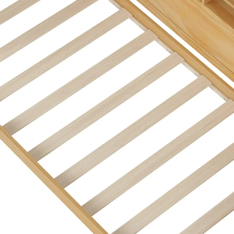 Lit banquette multifonctionnel grand format avec étagères de rangement, deux tiroirs et bureau intégré
