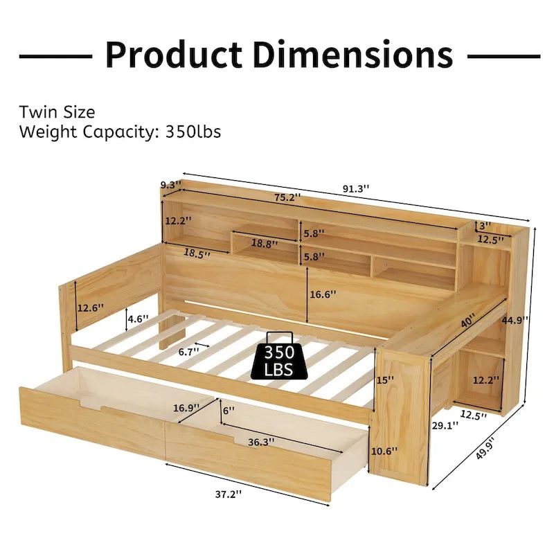 Lit banquette multifonctionnel grand format avec étagères de rangement, deux tiroirs et bureau intégré