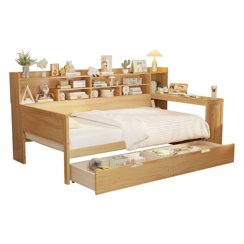 Lit banquette multifonctionnel grand format avec étagères de rangement, deux tiroirs et bureau intégré