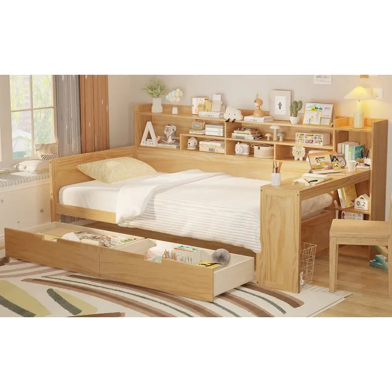 Lit banquette multifonctionnel grand format avec étagères de rangement, deux tiroirs et bureau intégré