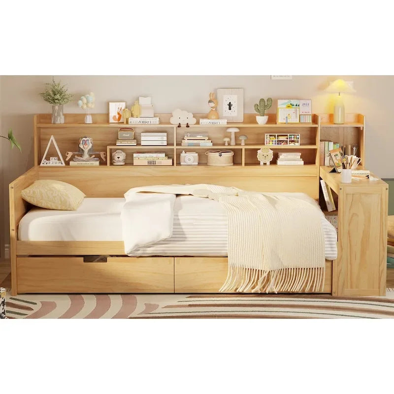 Lit banquette multifonctionnel grand format avec étagères de rangement, deux tiroirs et bureau intégré