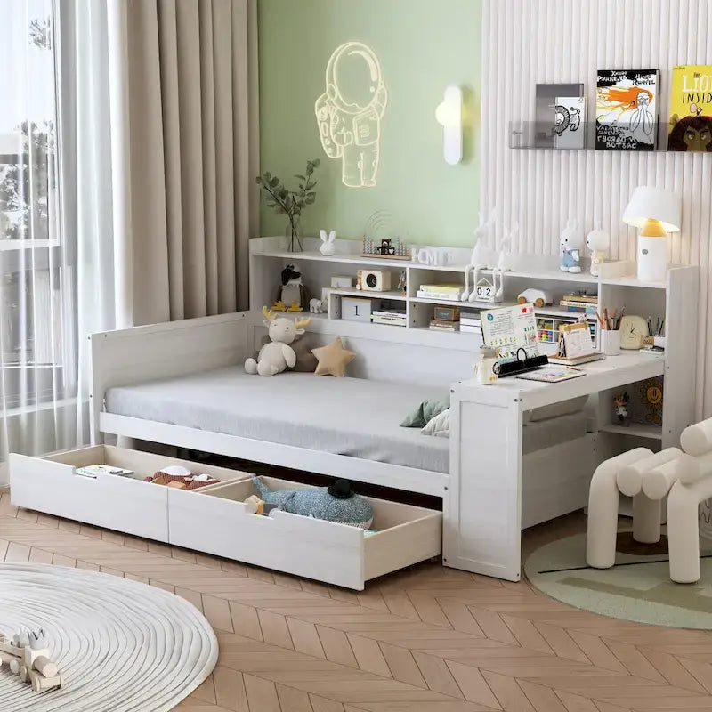 Lit banquette multifonctionnel grand format avec étagères de rangement, deux tiroirs et bureau intégré