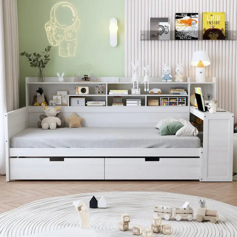 Lit banquette multifonctionnel grand format avec étagères de rangement, deux tiroirs et bureau intégré