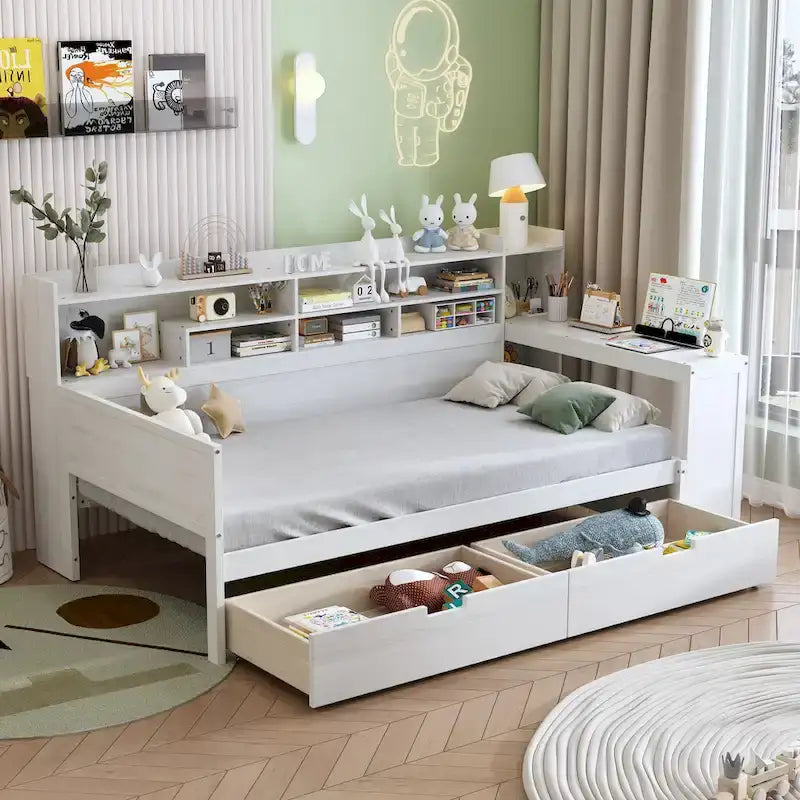 Lit banquette multifonctionnel grand format avec étagères de rangement, deux tiroirs et bureau intégré