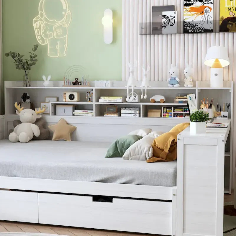 Lit banquette multifonctionnel grand format avec étagères de rangement, deux tiroirs et bureau intégré