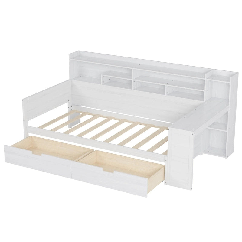 Lit banquette multifonctionnel grand format avec étagères de rangement, deux tiroirs et bureau intégré