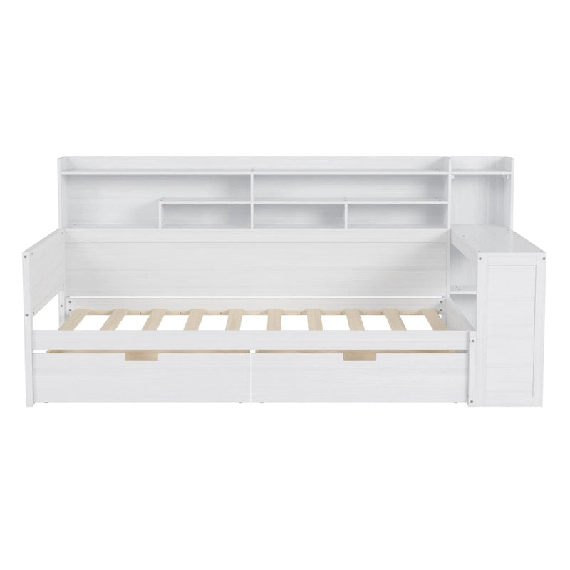 Lit banquette multifonctionnel grand format avec étagères de rangement, deux tiroirs et bureau intégré