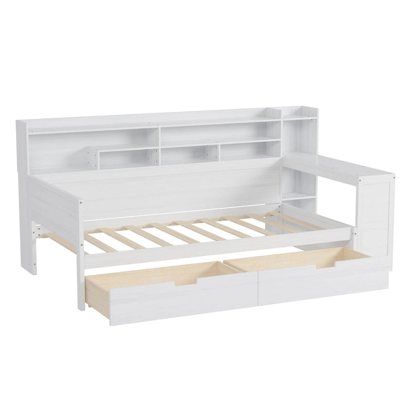 Lit banquette multifonctionnel grand format avec étagères de rangement, deux tiroirs et bureau intégré
