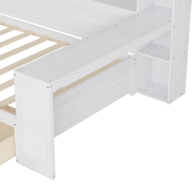 Lit banquette multifonctionnel grand format avec étagères de rangement, deux tiroirs et bureau intégré