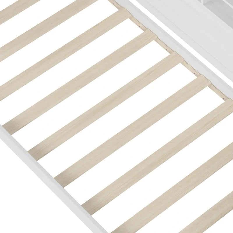Lit banquette multifonctionnel grand format avec étagères de rangement, deux tiroirs et bureau intégré
