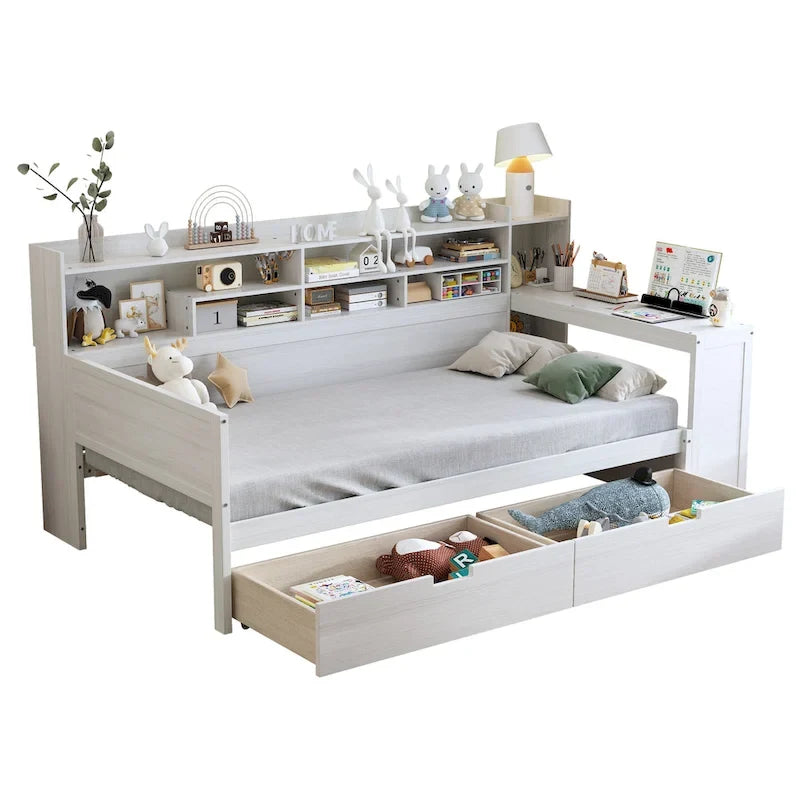Lit banquette multifonctionnel grand format avec étagères de rangement, deux tiroirs et bureau intégré