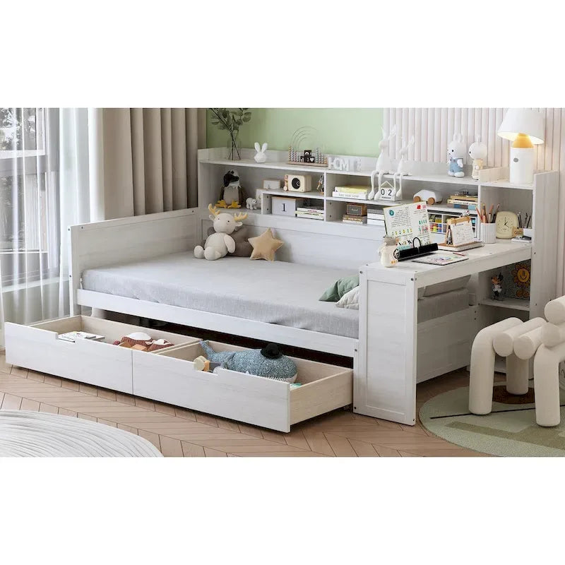 Lit banquette multifonctionnel grand format avec étagères de rangement, deux tiroirs et bureau intégré