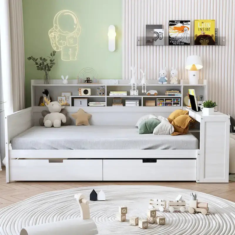 Lit banquette multifonctionnel grand format avec étagères de rangement, deux tiroirs et bureau intégré