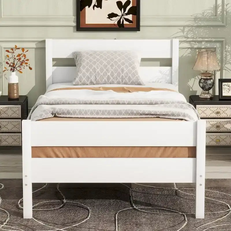Lit jumeau avec tête et pied de lit, blanc, design compact avec rangement