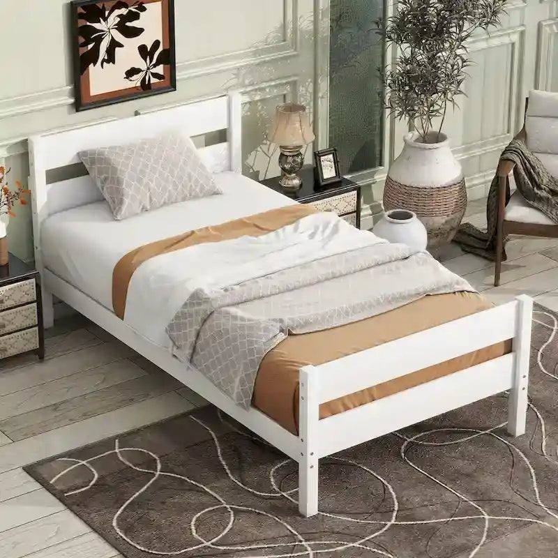 Lit jumeau avec tête et pied de lit, blanc, design compact avec rangement