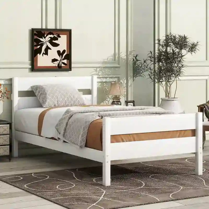 Lit jumeau avec tête et pied de lit, blanc, design compact avec rangement
