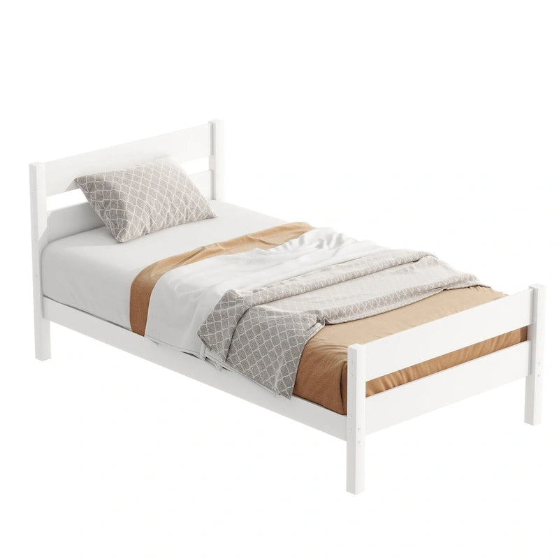 Lit jumeau avec tête et pied de lit, blanc, design compact avec rangement