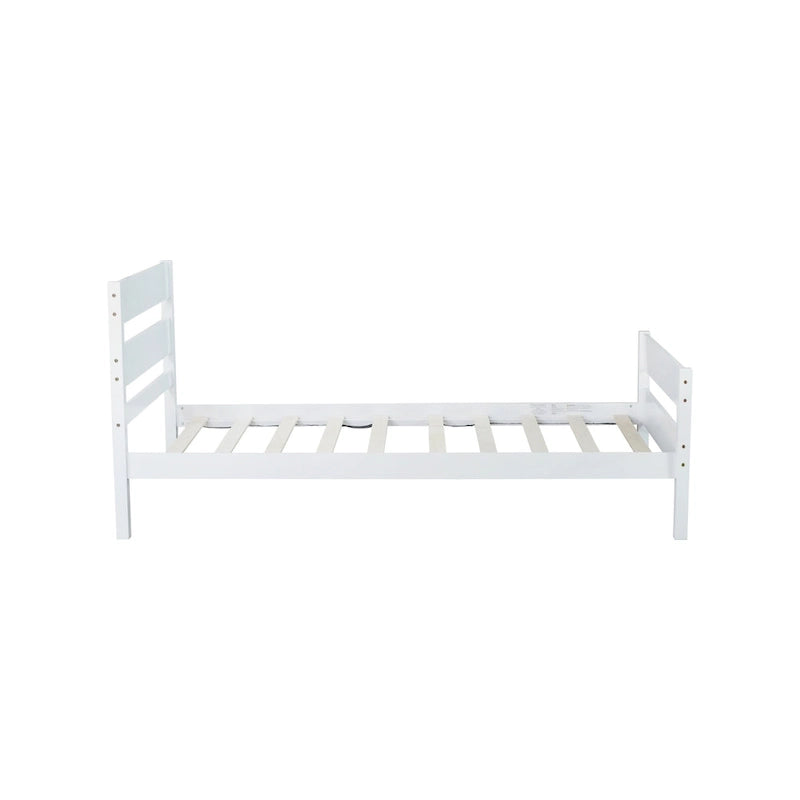 Lit jumeau avec tête et pied de lit, blanc, design compact avec rangement