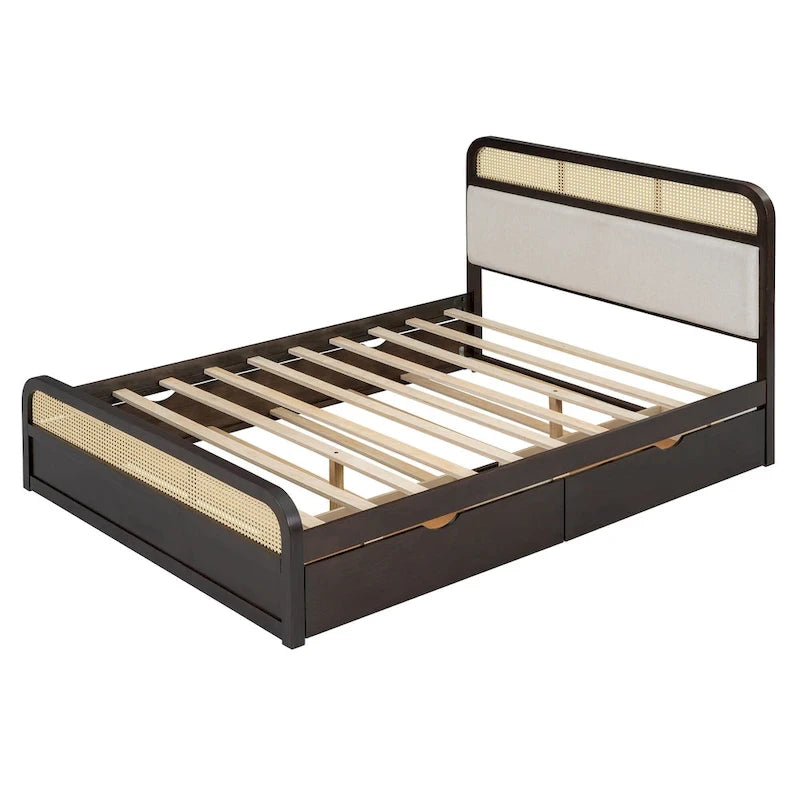 Lit plateforme en bois rotin bohème Queen avec tête de lit en bois, lit gigogne et 2 tiroirs de rangement